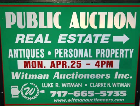 Witman auctioneers - Call Witman Auctioneers, Inc. at 717-665-5735 to make payment. All phone bid and absentee bids will be handled and exercised by the office, these bids must be placed/lined up, prior to the start of the auction. BE …